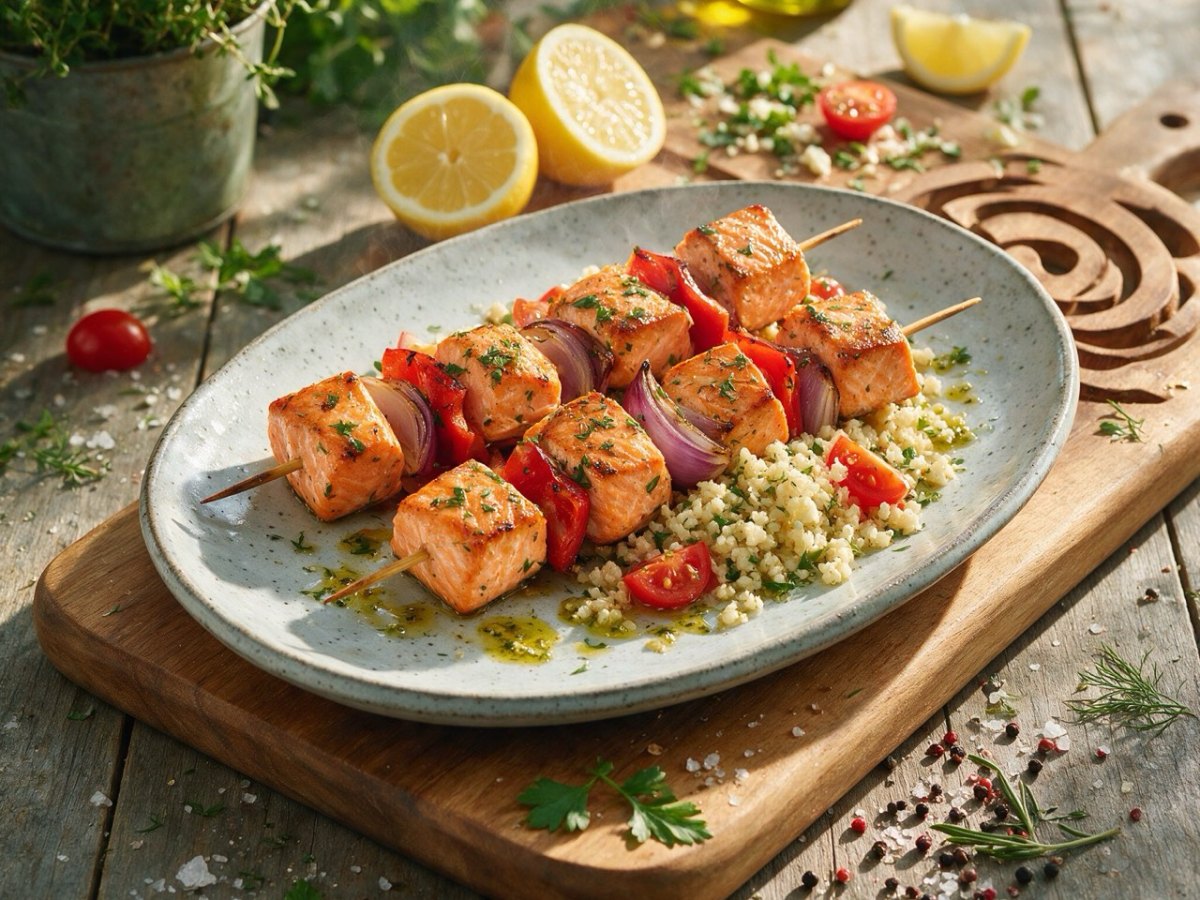 KI-Foodfoto TAFELGUT Lachs-Spiesse im Garten