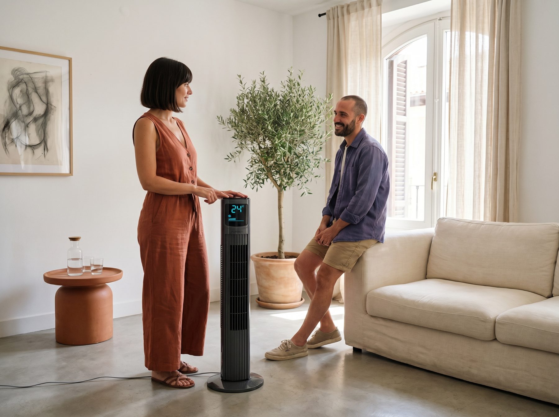 KI-Produktbild: FURBER. Turmventilator im Wohnzimmer, Kampagnenbild aus einem Lagerfoto