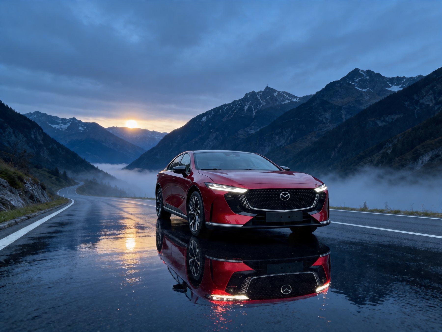 KI-Kampagnenmotiv Mazda 6e Takumi auf Passstrasse im Morgenlicht